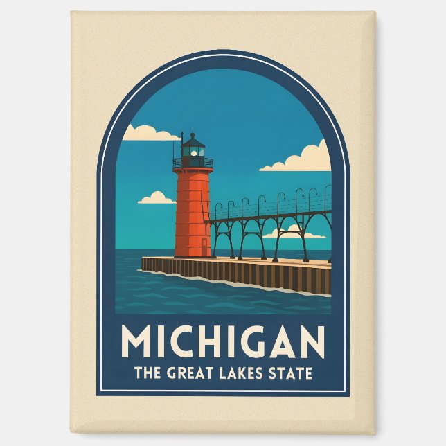 Imán Vintage Travel Michigan Lighthouse Retro Scenic (Anverso)