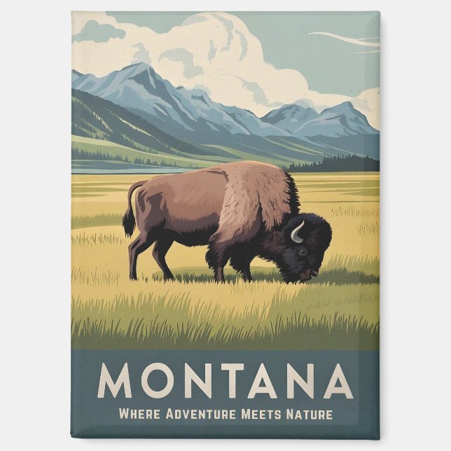 Imán Vintage Travel Montana Bison Wildlife Retro Scenic (Anverso)