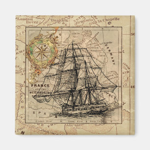 Imán Vintage Vailing Ship and Old European Map