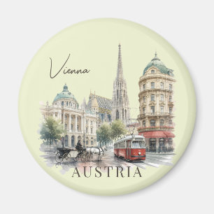 Imán Vintage Watercolor Vienna Austria Tram & Cathedral