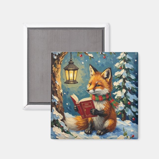 Imán Vintage Winter Fox Reading by Lantern Light (Anverso/Reverso)