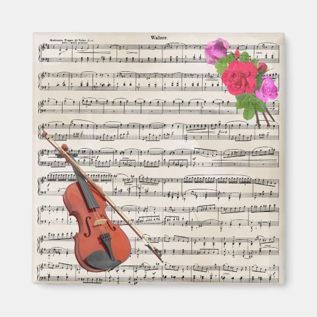 Imán Violin y Rosas Diseño musical de hojas de cosecha (Frente)