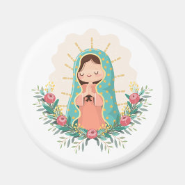 Imán Virgen de Guadalupe kawaii adornada con flores