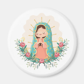 Imán Virgen de Guadalupe kawaii adornada con flores
