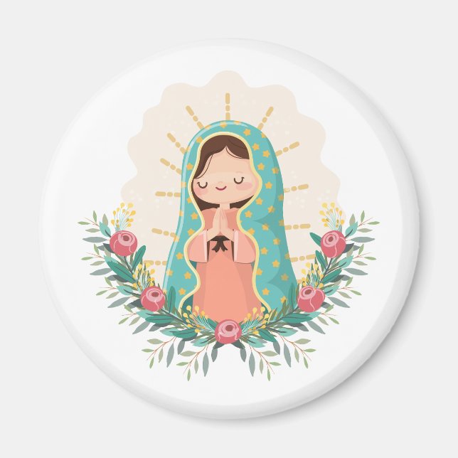 Imán Virgen de Guadalupe kawaii adornada con flores (Frente)