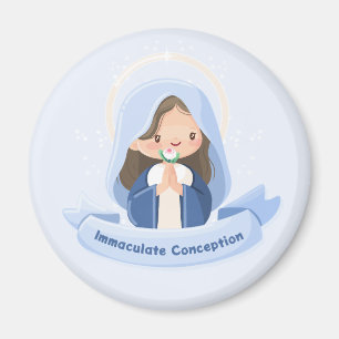 Imán Virgen María Kawaii rezando con Flor - Azul Claro