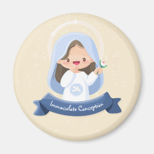 Imán Virgen María Kawaii sonriente con flor – Beige