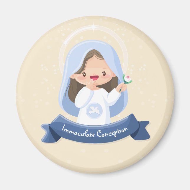 Imán Virgen María Kawaii sonriente con flor – Beige (Frente)