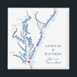 Imán Virginia Beach Destination Wedding Favor<br><div class="desc">¡Pedidos rápidos y fáciles! Estos imanes de mapas de Virginia Beach, hacen grandes favores de boda en Virginia para incluirlos en sus bolsos de bienvenida de bodas de destino de VA Beach. Mueva el corazón haciendo clic en "Editar usando herramienta de diseño" en "Personalizar". Con un mapa de la bahía...</div>