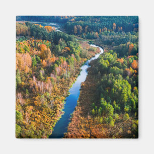 Imán Vista aérea de río y colorido bosque en otoño