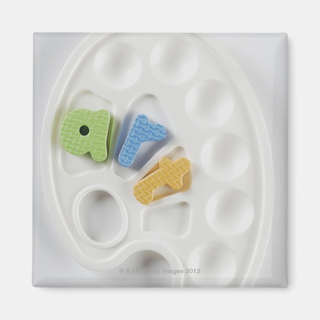 Imán Vista de alto ángulo de los alfabetos en una palet (Frente)