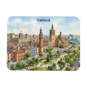 Imán Vista de la ciudad de Valencia España acuarela Ret