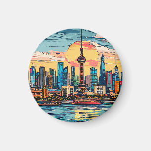Imán 🌆Vista de la ciudad del horizonte de Shanghai Via