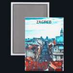 Imán Vista de paisajes urbanos de Zagreb<br><div class="desc">Hermoso imán que exhibe una vista panorámica de Zagreb,  la capital de Croacia,  con sus edificios y monumentos. Es un gran recuerdo y una idea de regalo para todos los turistas y visitantes de este destino de viaje en Europa.</div>