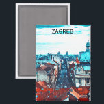 Imán Vista de paisajes urbanos de Zagreb<br><div class="desc">Hermoso imán que exhibe una vista panorámica de Zagreb,  la capital de Croacia,  con sus edificios y monumentos. Es un gran recuerdo y una idea de regalo para todos los turistas y visitantes de este destino de viaje en Europa.</div>