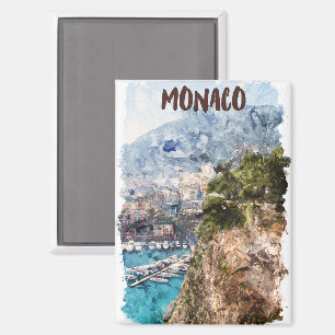 Imán Vista de puerto de viaje retro de Mónaco acuarela