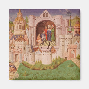 Imán Vista de una ciudad con trabajadores pavimentando 