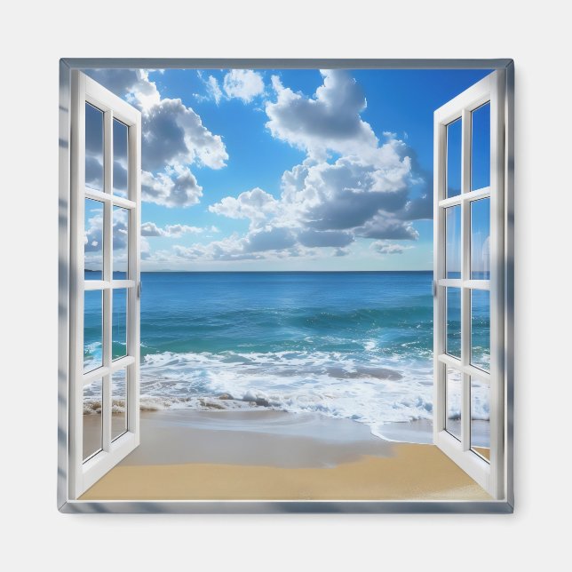 Imán Vista de ventana del océano soleado (Frente)