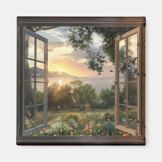 Imán Vista de ventanas de primavera y mar (Frente)