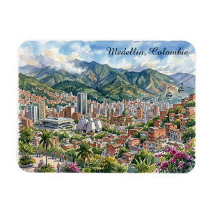 Imán Vista panorámica de Medellín, Colombia Arte en Acu