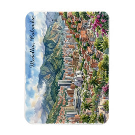 Imán Vista panorámica de Medellín, Colombia Arte en Acu