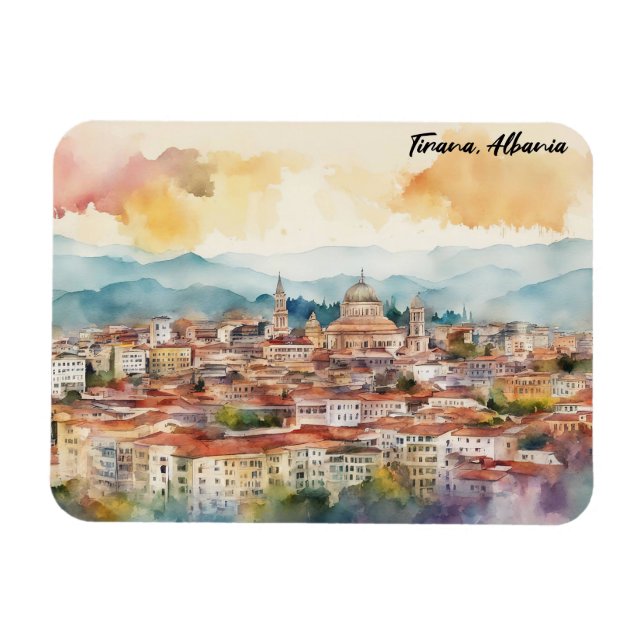 Imán Vista panorámica de pintura acuática de Tirana Alb (Horizontal)