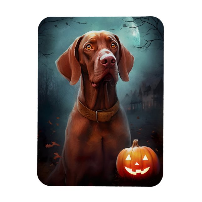 Imán Vizsla de Halloween con calabazas aterradoras (Vertical)