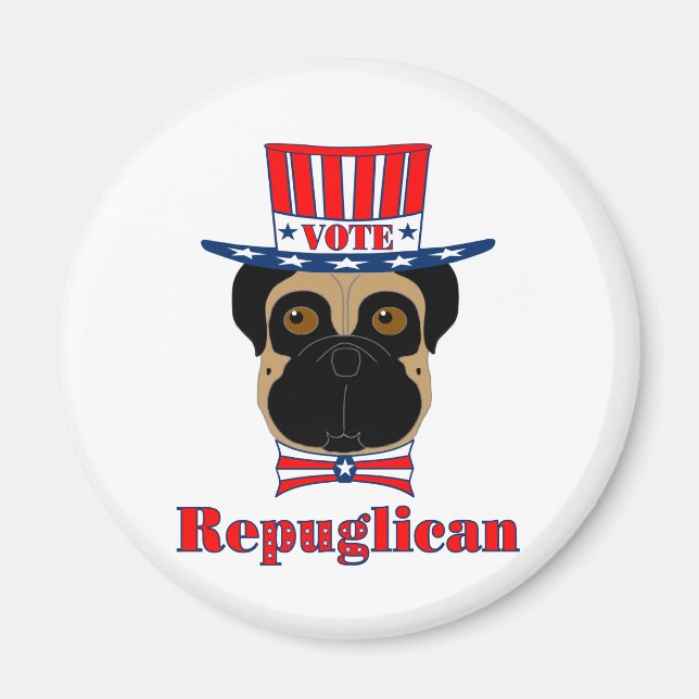 Imán Vote rePUGlican Funny Pug en el Gorra azul blanco  (Frente)
