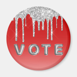 Imán Voto de fondo rojo con goteo de brillo plateado