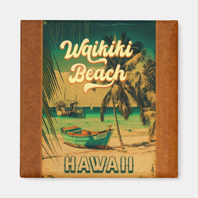 Imán Waikiki Beach Hawaii recuerdo de palmeras antiguas (Frente)