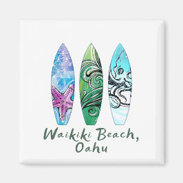 Imán Waikiki Beach Oahu Watercolor Surfboards
