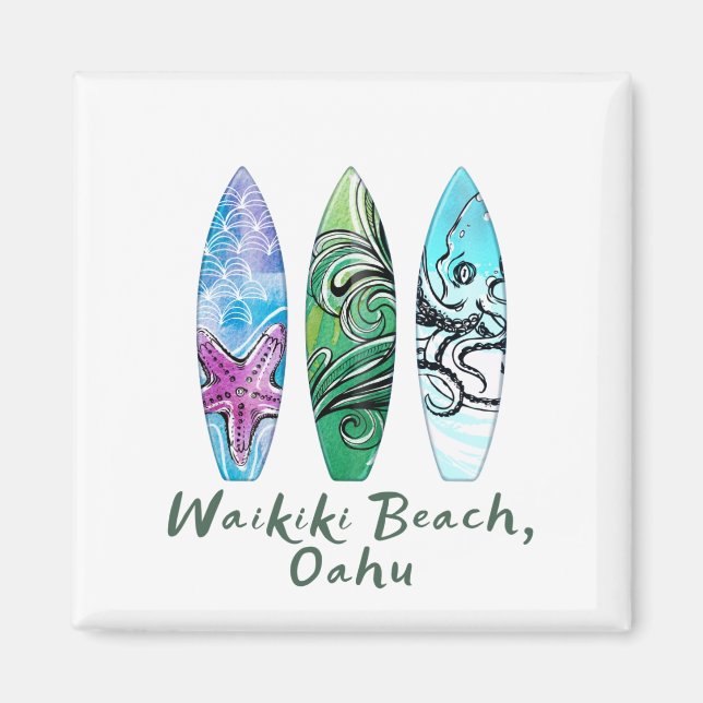 Imán Waikiki Beach Oahu Watercolor Surfboards (Frente)