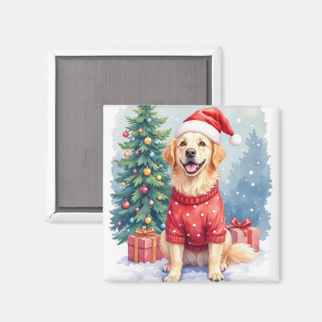 Imán Warm Watercolor Golden Retriever Christmas Tree (Anverso/Reverso)