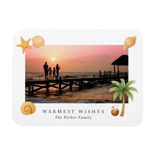Imán Warmest Wishes Beach Photo Modern Navidades (Horizontal)