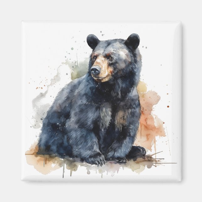 Imán Watercolor Bear Negro Woodland Art (Frente)