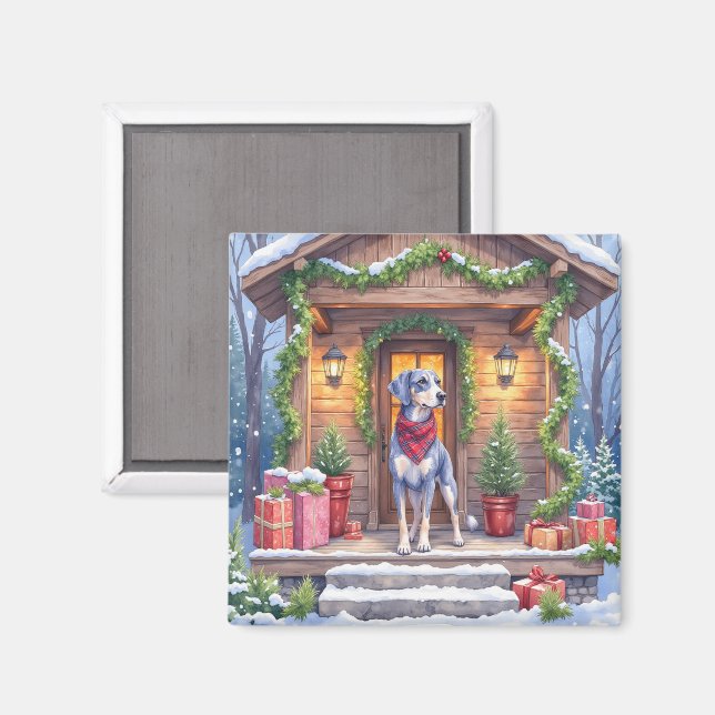 Imán Watercolor Bluetick Coonhound Cabin Porch Christma (Anverso/Reverso)