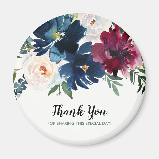 Imán Watercolor Burgundy Navy Flowers Thank You (Frente)