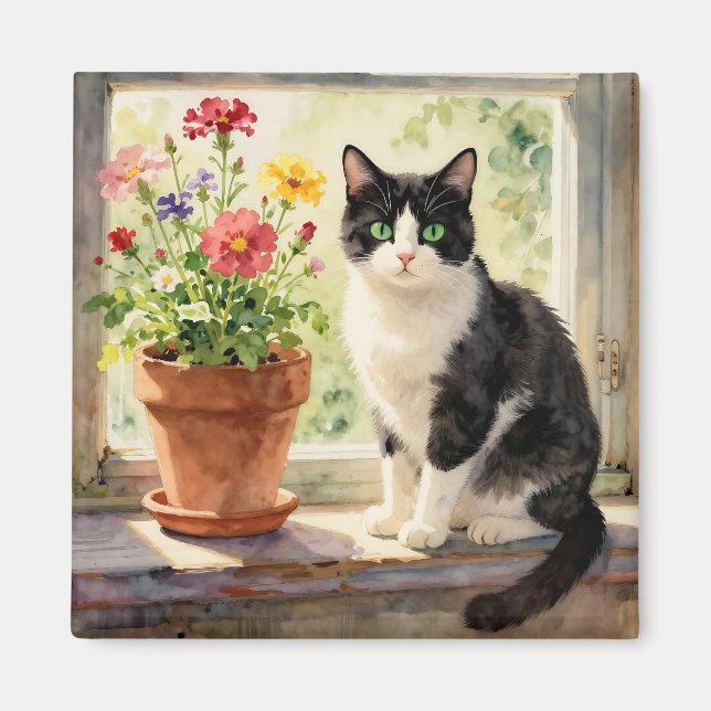 Imán Watercolor Cat and Flowers on Window Sill (Frente)