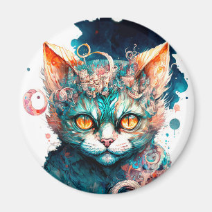 Imán Watercolor cat en estilo steampunk