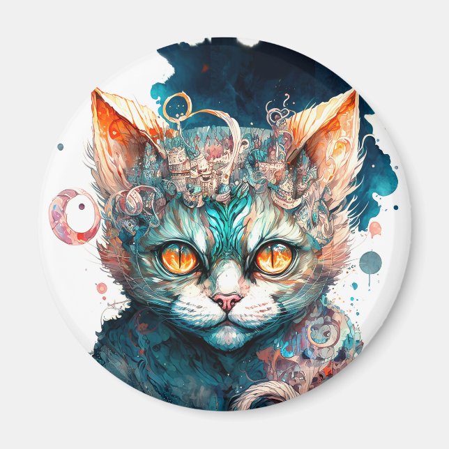 Imán Watercolor cat en estilo steampunk (Frente)