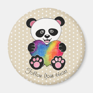 Imán Watercolor Cute Panda Con Corazón Arcoiris