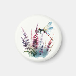 Imán Watercolor Dragonfly Purple Wildflower Nature Art