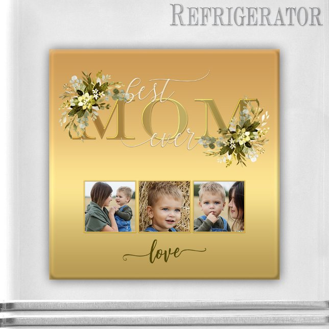 Imán Watercolor Floral Collage de fotos Mamá Magnet (Gold magnet with 3 custom photos, script text and watercolor flowers for Mom or Mother's Day)