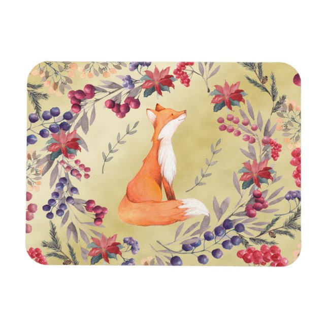 Imán Watercolor Fox Winter Berries Gold (Horizontal)
