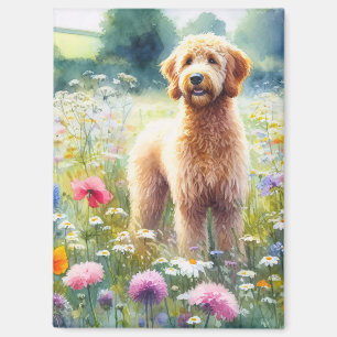Imán Watercolor Goldendoodle Dog Wildflower Field