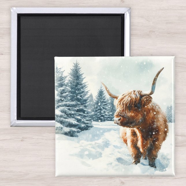 Imán Watercolor Highland Cow Winter Scene (Subido por el creador)