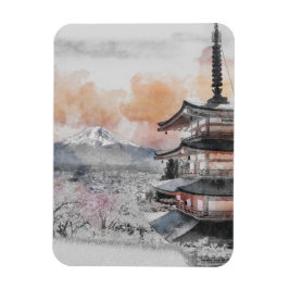 Imán Watercolor Japanese Pagoda & Mt. Fuji 