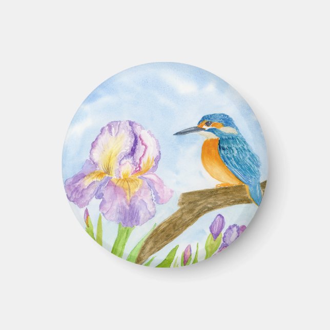 Imán Watercolor Kingfisher with Purple Irises (Frente)