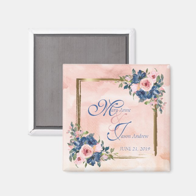 Imán Watercolor Navy & Blush Wedding (Anverso/Reverso)