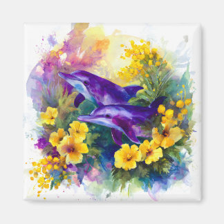 Imán Watercolor Ocean Dolphins Tropical Flowers